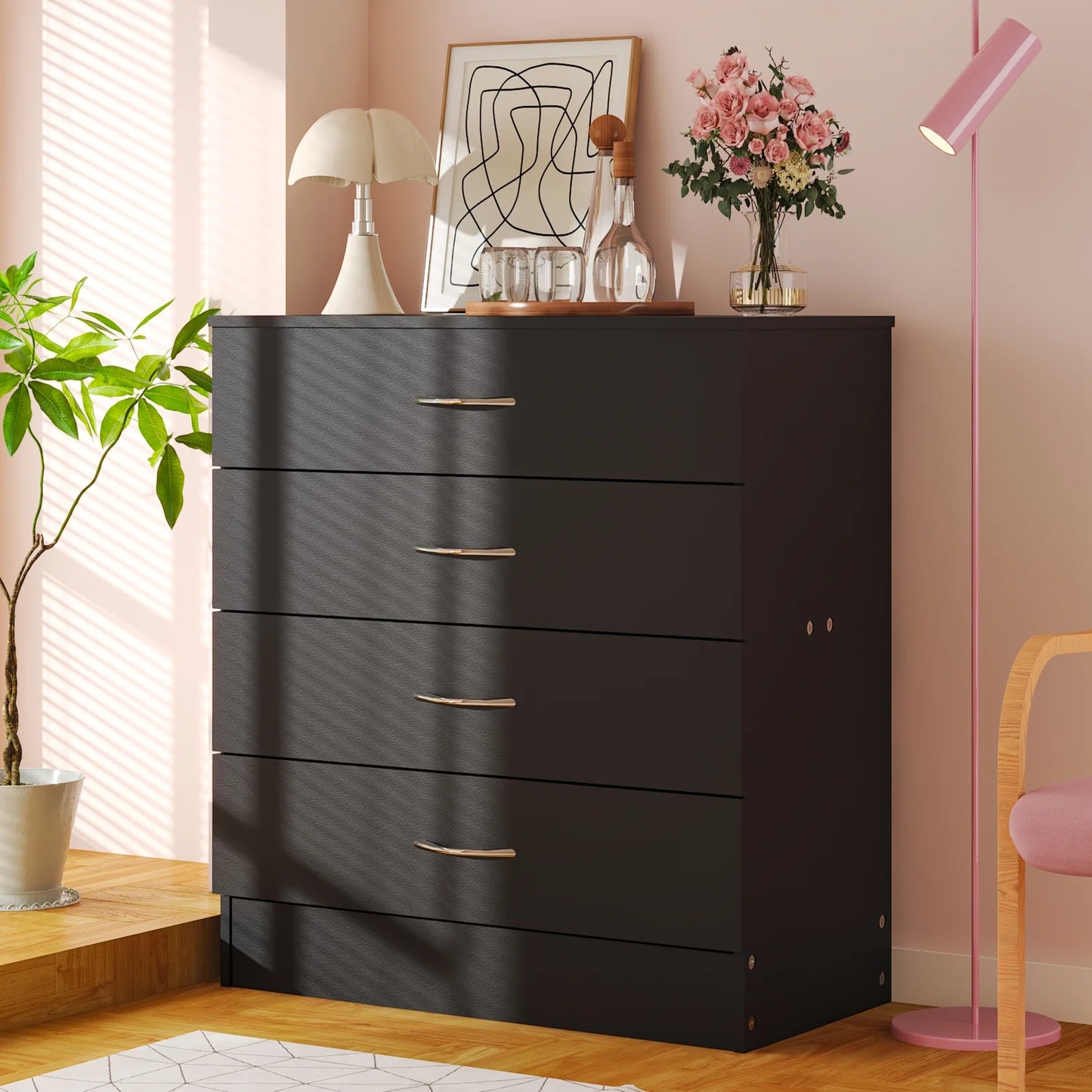 Black Chest of Drawers Dresser Wood Organizer Cabinet, 4 Drawer Nightstand Side Table, Furniture for Bedroom