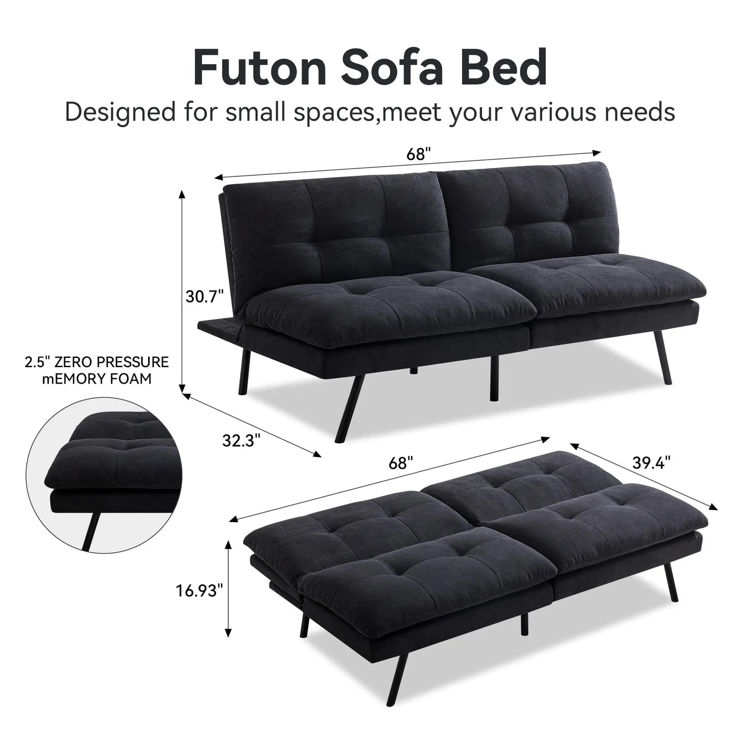 Hcore 1 PC Futon Sofa Bed, Futon Couch Memory Foam Futon Bed,Black Sleeper Sofa Loveseat Convertible Couch for Small Spaces