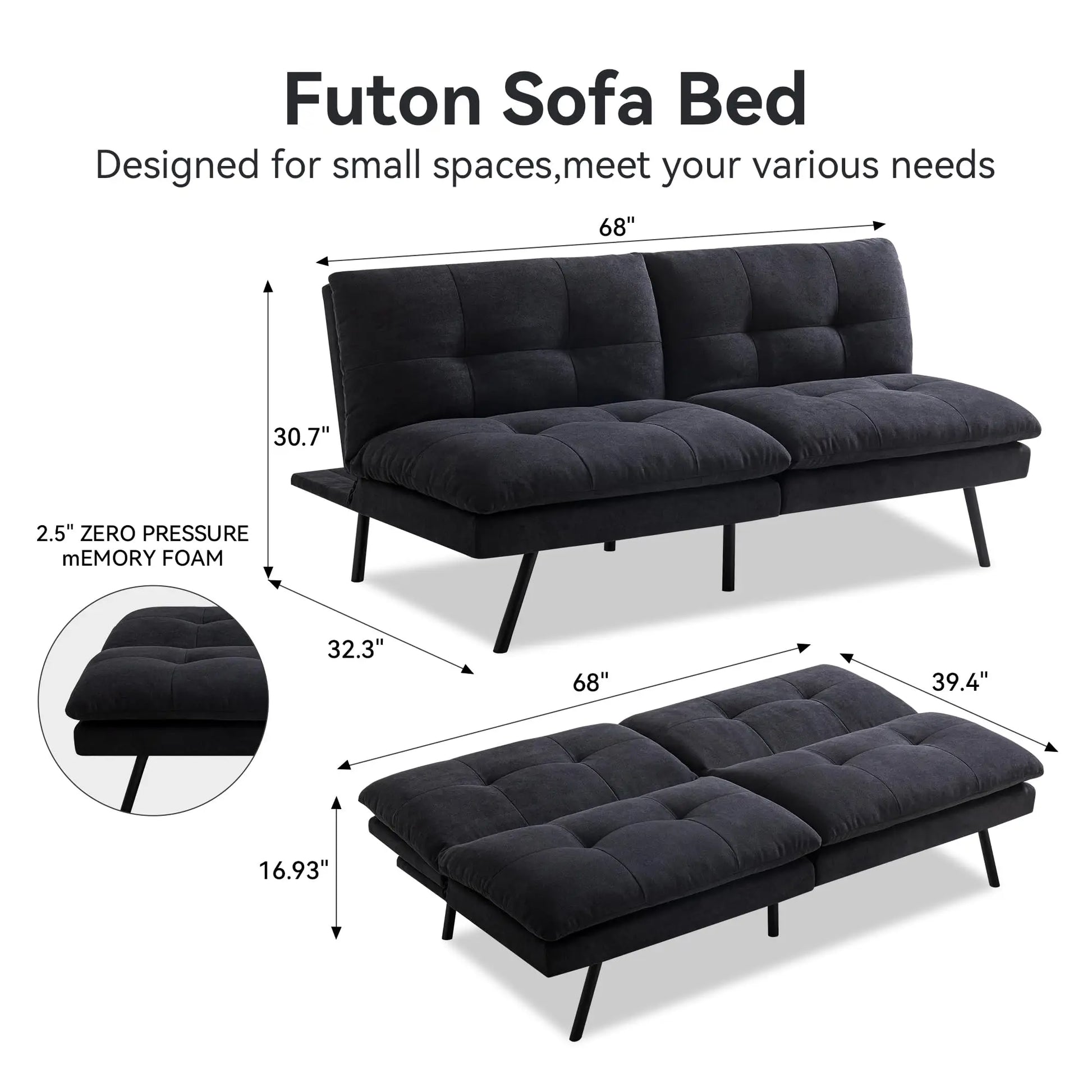 Hcore 1 PC Futon Sofa Bed, Futon Couch Memory Foam Futon Bed,Black Sleeper Sofa Loveseat Convertible Couch for Small Spaces
