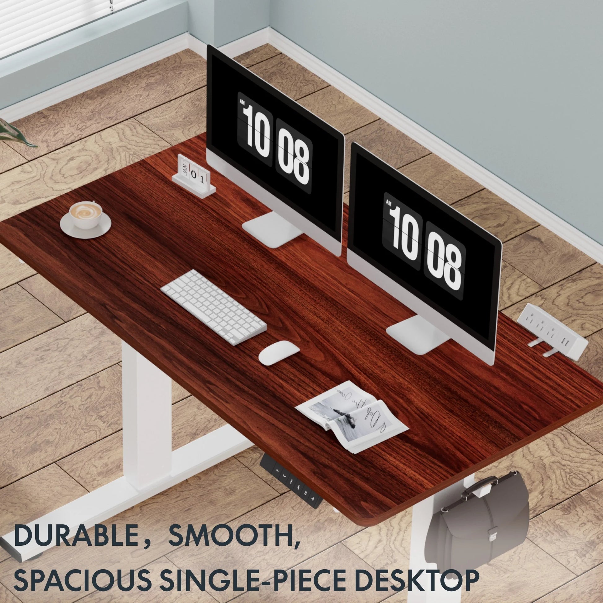 55" X 28" Home Office Electric Height Adjustable Standing Desk Memory Programmable Presets Computer Desk White and Mahogany