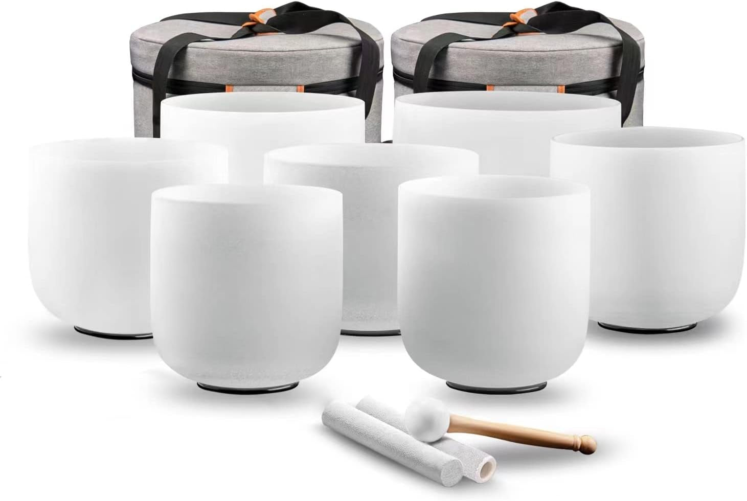 Crystal Singing Bowl Set 7-12 Inch, White Frosted Quartz Sound Therapy Bowls with Mallets, O-Rings & 2 Carrying Cases ¡ª Chakra Healing, Reiki, Yoga, Meditation, Energy Balancing