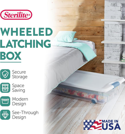 4-Pack 56 Quart Wheeled Latching Box, Underbed Clear Plastic Storage Organizer - under Bed Rolling Container Bin with Lid and Wheels for Home or Dorm Bedrooms and Closets