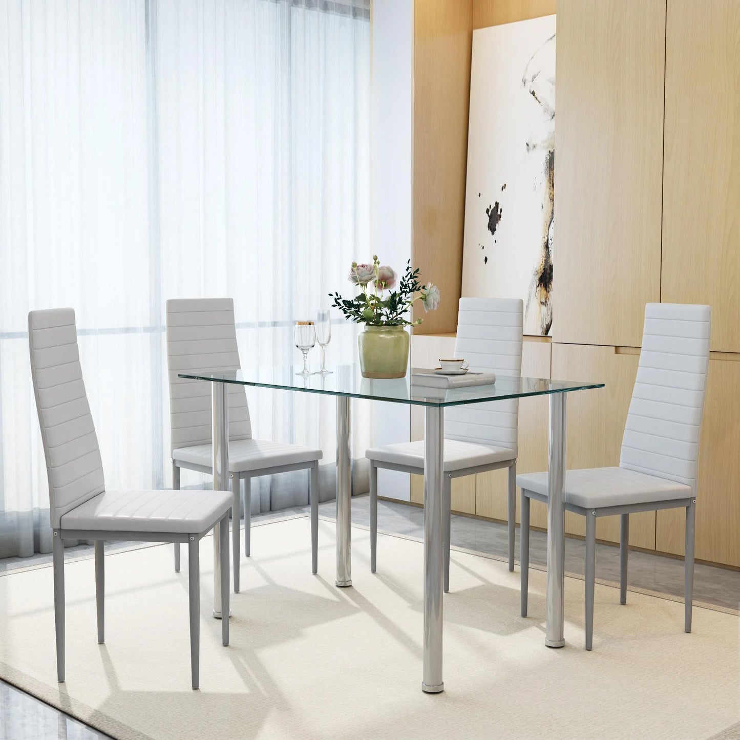 White Kitchen Table Set, 5 Pieces Dining Table Set, Tempered Glass Dining Table and Chairs Set for 4, Upgraded Iron Dining Room Table Set with 4 PU Leather Chairs