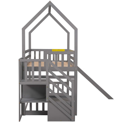 Twin House Bunk Bed with Staircase for Kids Teens Bedroom, Solid Wood Bunk Bed with Storage, Gray