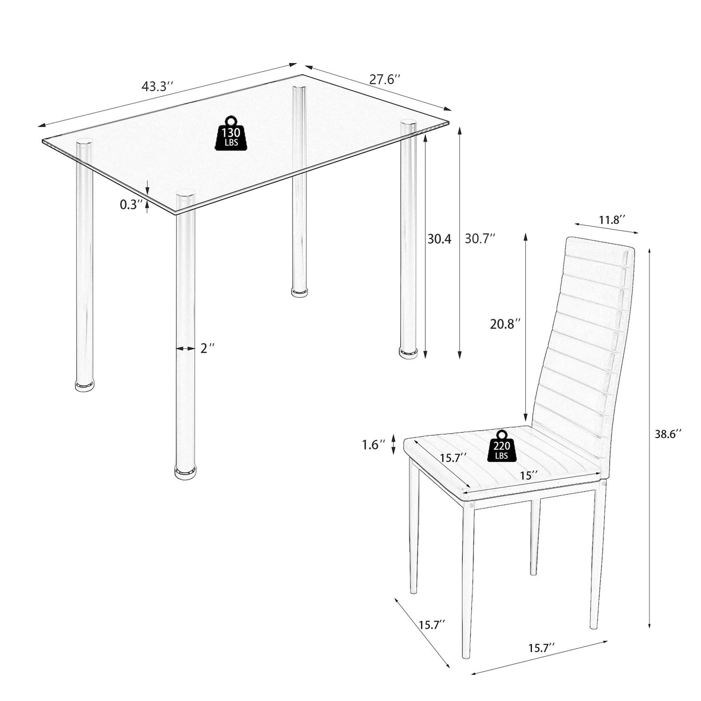 White Kitchen Table Set, 5 Pieces Dining Table Set, Tempered Glass Dining Table and Chairs Set for 4, Upgraded Iron Dining Room Table Set with 4 PU Leather Chairs