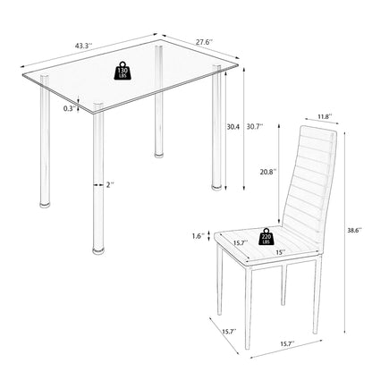 White Kitchen Table Set, 5 Pieces Dining Table Set, Tempered Glass Dining Table and Chairs Set for 4, Upgraded Iron Dining Room Table Set with 4 PU Leather Chairs
