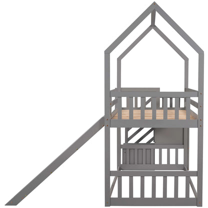 Twin House Bunk Bed with Staircase for Kids Teens Bedroom, Solid Wood Bunk Bed with Storage, Gray