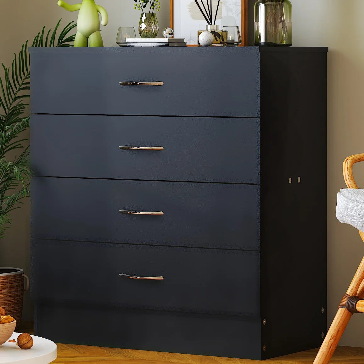Black Chest of Drawers Dresser Wood Organizer Cabinet, 4 Drawer Nightstand Side Table, Furniture for Bedroom