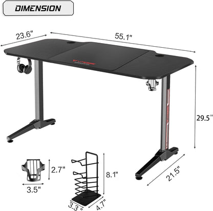 Gaming Desk 55 Inch, Gaming Computer Desk, PC Gaming Table, T Shaped Racing Style Professional Gamer Game Station with Large Mouse Pad, Gaming Handle Rack, Cup Holder…