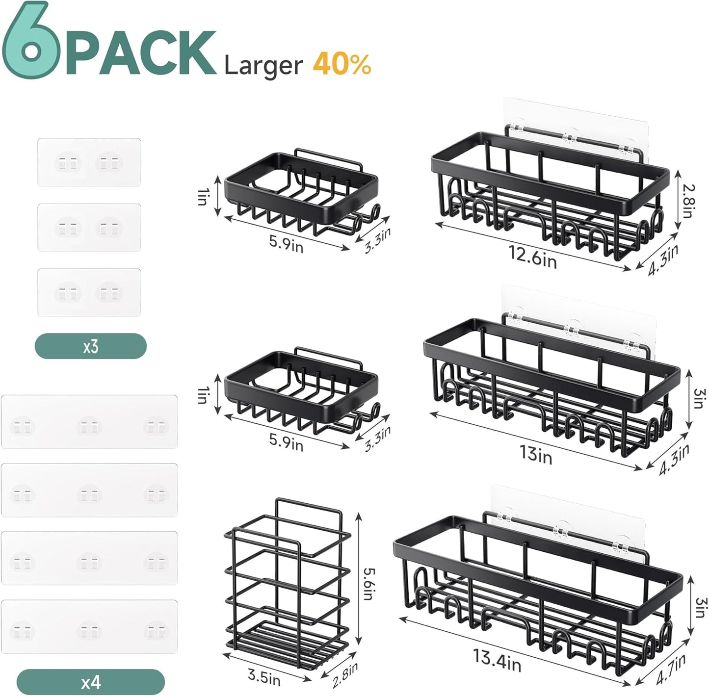 Shower Caddy 6-Pack, Advanced Rustproof Design, No Drilling Adhesive Shelves, Rack with Soap Holder, Large Capacity Bathroom Organizers and Storage, Wall-Mounted, Gifts for Women Mom
