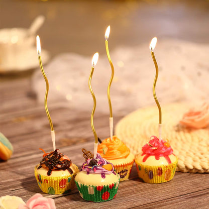 12 Pcs Twisted Birthday Candles Spiral Metallic Cupcake Thin Long Cake Candles with Holders for Birthday Wedding Party(Gold)