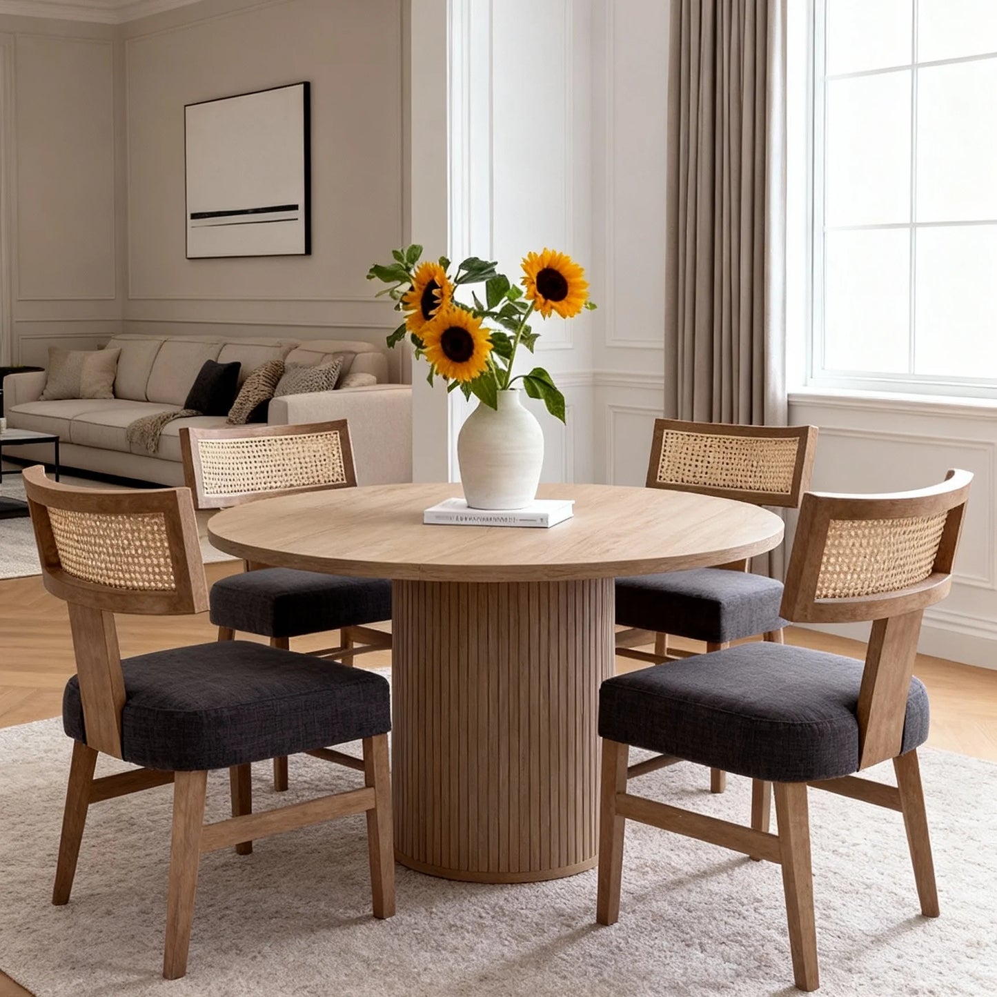 Modern Rattan Backrest Dining Chairs Set of 2, Mid-Century Farmhouse Linen Upholstered Kitchen Chairs Solid Wood Side Chairs for Kitchen Dining Room Living Room, Charcoal