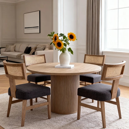 Modern Rattan Backrest Dining Chairs Set of 2, Mid-Century Farmhouse Linen Upholstered Kitchen Chairs Solid Wood Side Chairs for Kitchen Dining Room Living Room, Charcoal