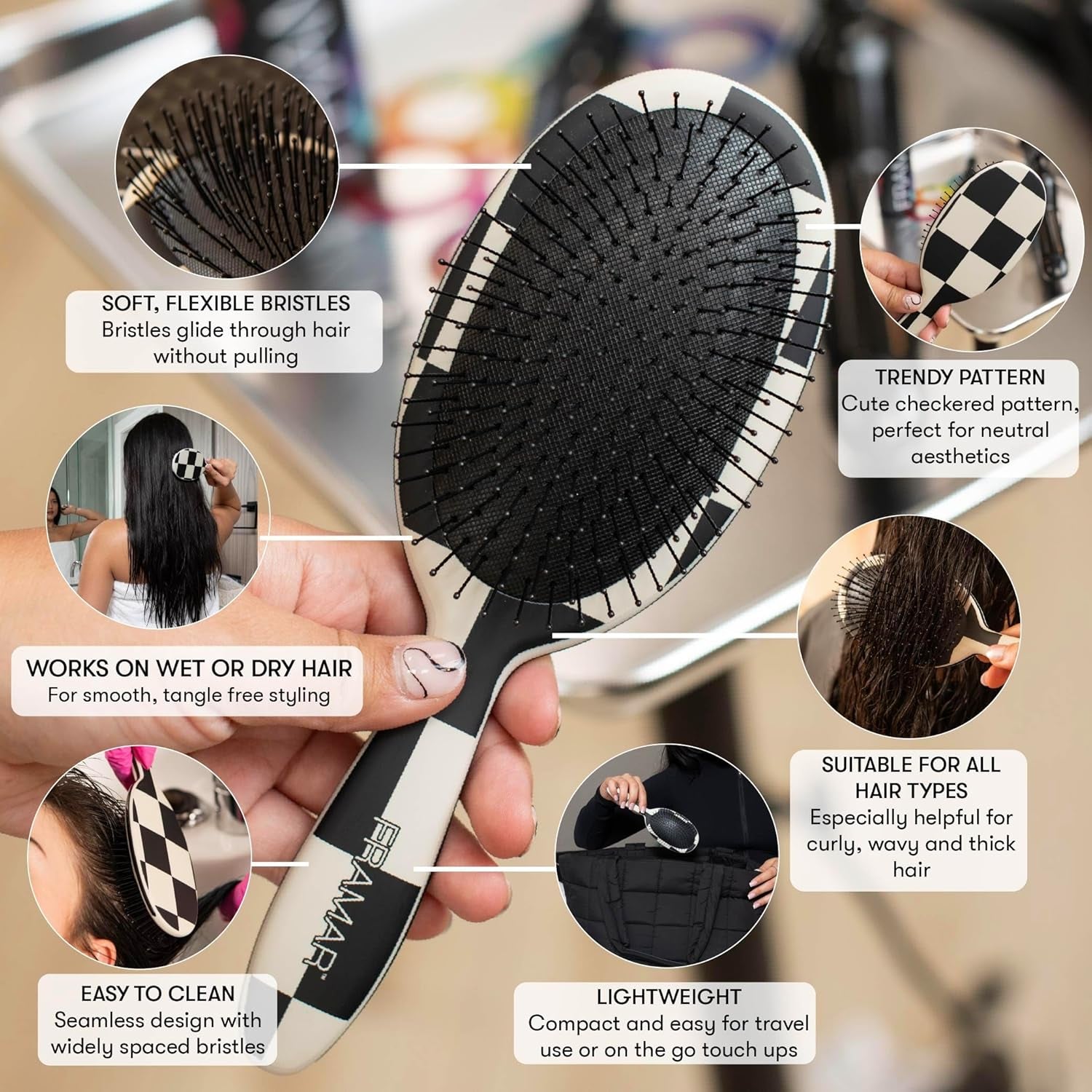 Checkered Print Hair Brush Detangler – Wet Hair Brushes for Women, Womens Hair Brush, Black and White Checkered Hair Accessories, Hairbrush for Women, Cepillos Para Cabello – Detangle Brush