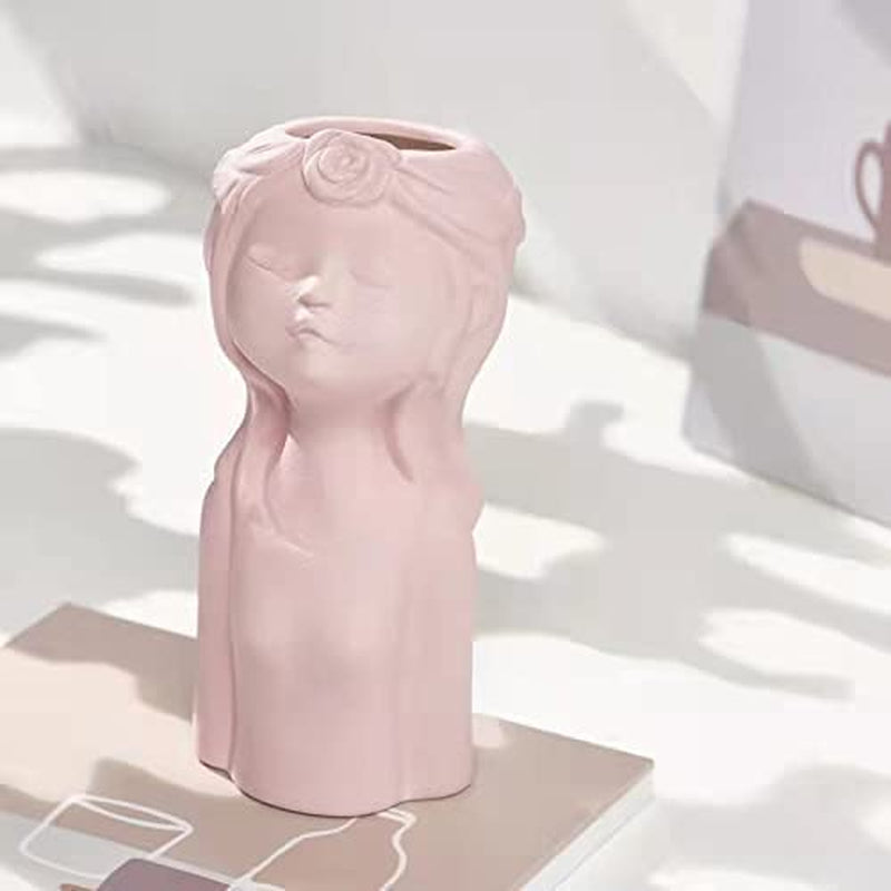 ANEWNICE Ceramic Vases for Home Decor，Cute Body Flower Vase，Modern Vases for Home Decor (Pink Girl)