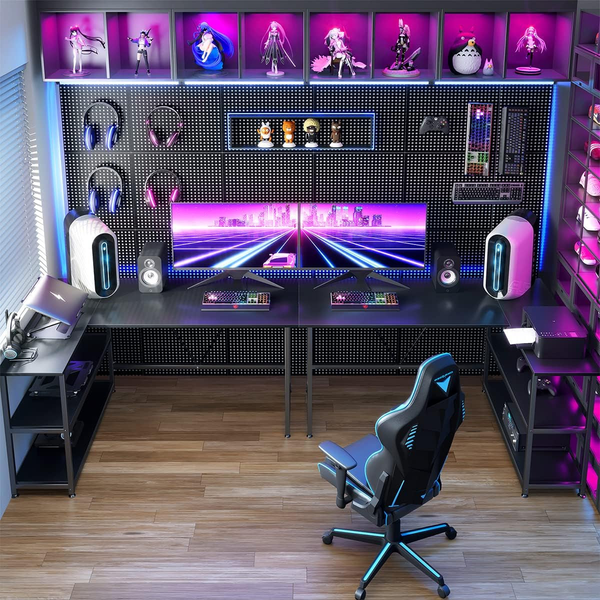 51 Inch L Shaped Gaming Desk Small Reversible Corner Gaming Computer Desk with Storage Shelves for Home Office PC Workstation Laptop Table, Black