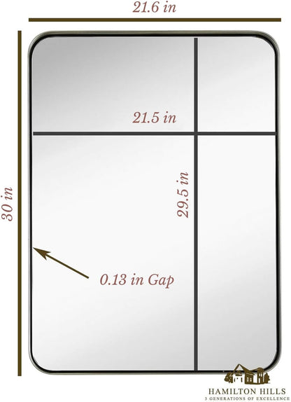 22X30 Inch Metal Silver Frame Bathroom Mirror - Brushed Steel Rectangular Rounded Corner Vanity - 2 Inch Deep Set Design - Large Wall Mirror, Hangs Horizontal and Vertical