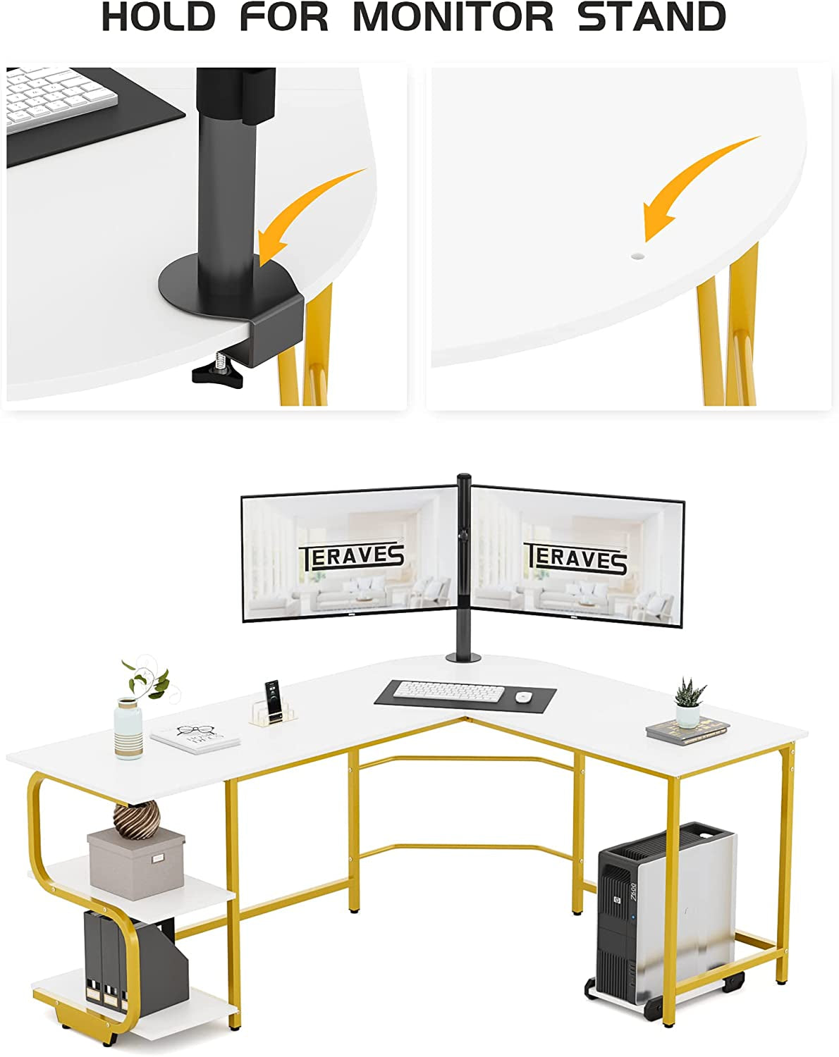 Reversible L Shaped Desk with Large Surface, 61 Inch Sturdy Corner Desk with Storage Shelves, Premium Office Computer Desk Workstation for Home Office Gaming