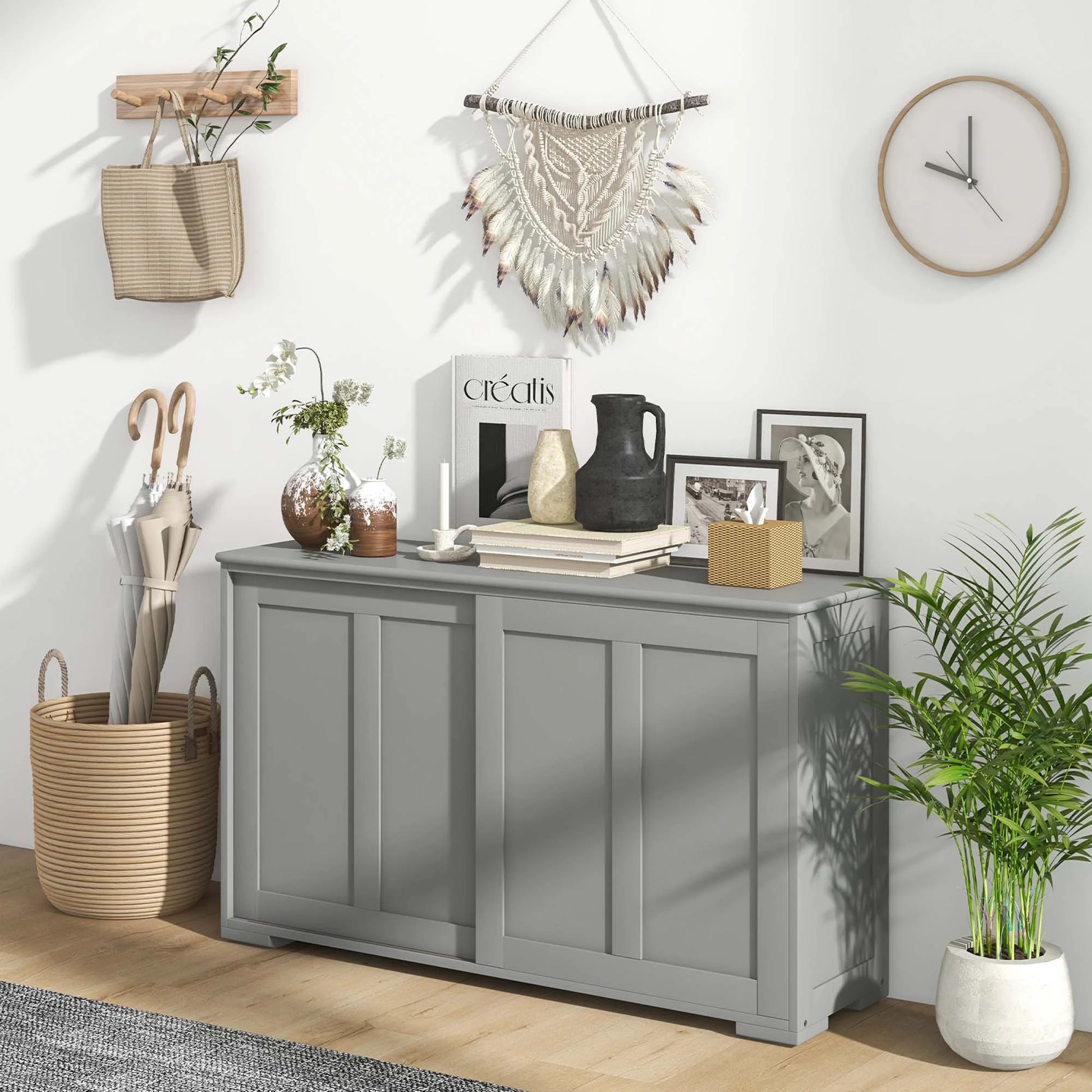 Kitchen Storage Cabinet Sideboard Buffet Cupboard Wood Sliding Door Pantry Gray
