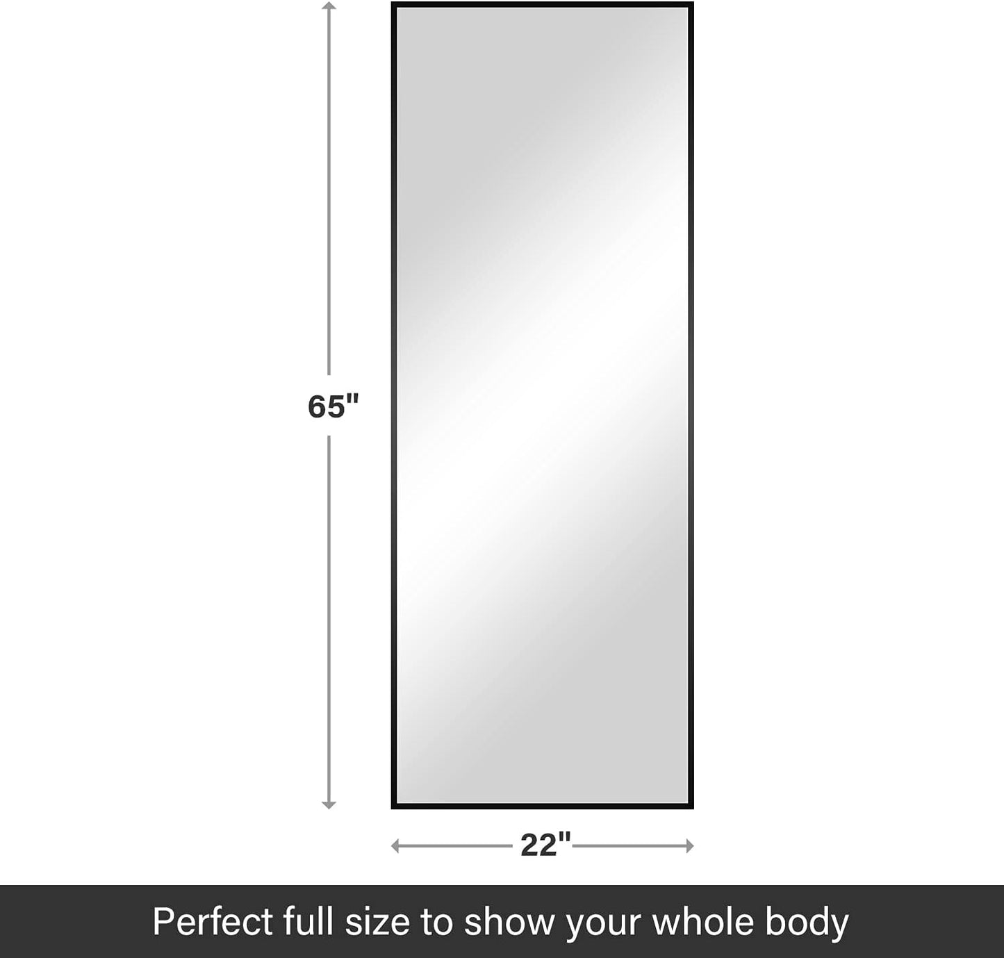 Full Length Mirror - Standing & Leaning, Large Bedroom Mirror with Black Aluminium Frame, 65"X22"