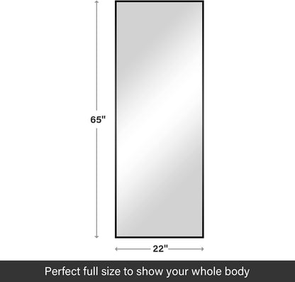Full Length Mirror - Standing & Leaning, Large Bedroom Mirror with Black Aluminium Frame, 65"X22"