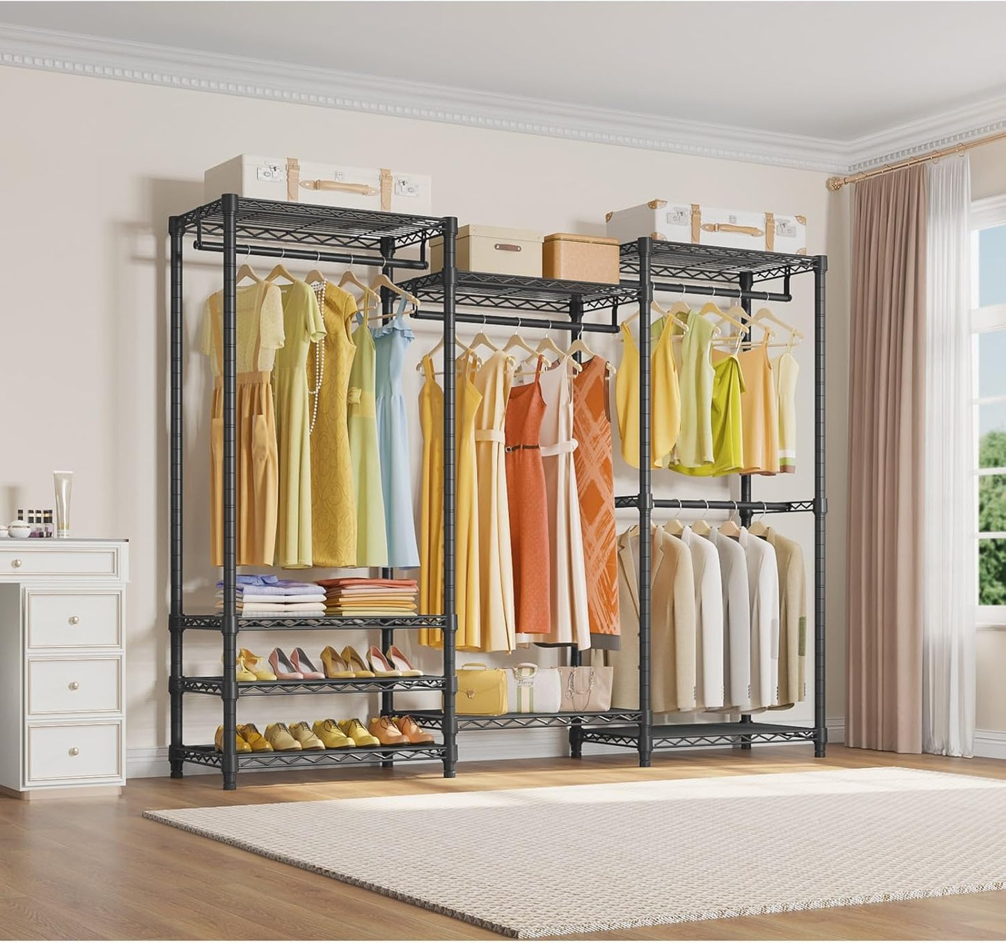 V5 Heavy Duty Clothes Rack, Portable Closet Wardrobe with 4 Hanging Rods & 8 Shelves, Freestanding Adjustable Garment Rack for Bedroom, Walk-In Closet, 890 Lbs Capacity, Black, 68.9" L