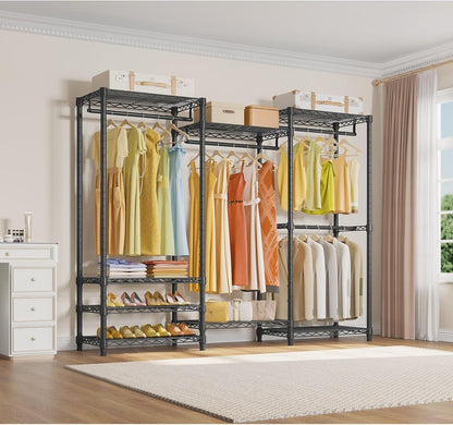V5 Heavy Duty Clothes Rack, Portable Closet Wardrobe with 4 Hanging Rods & 8 Shelves, Freestanding Adjustable Garment Rack for Bedroom, Walk-In Closet, 890 Lbs Capacity, Black, 68.9" L