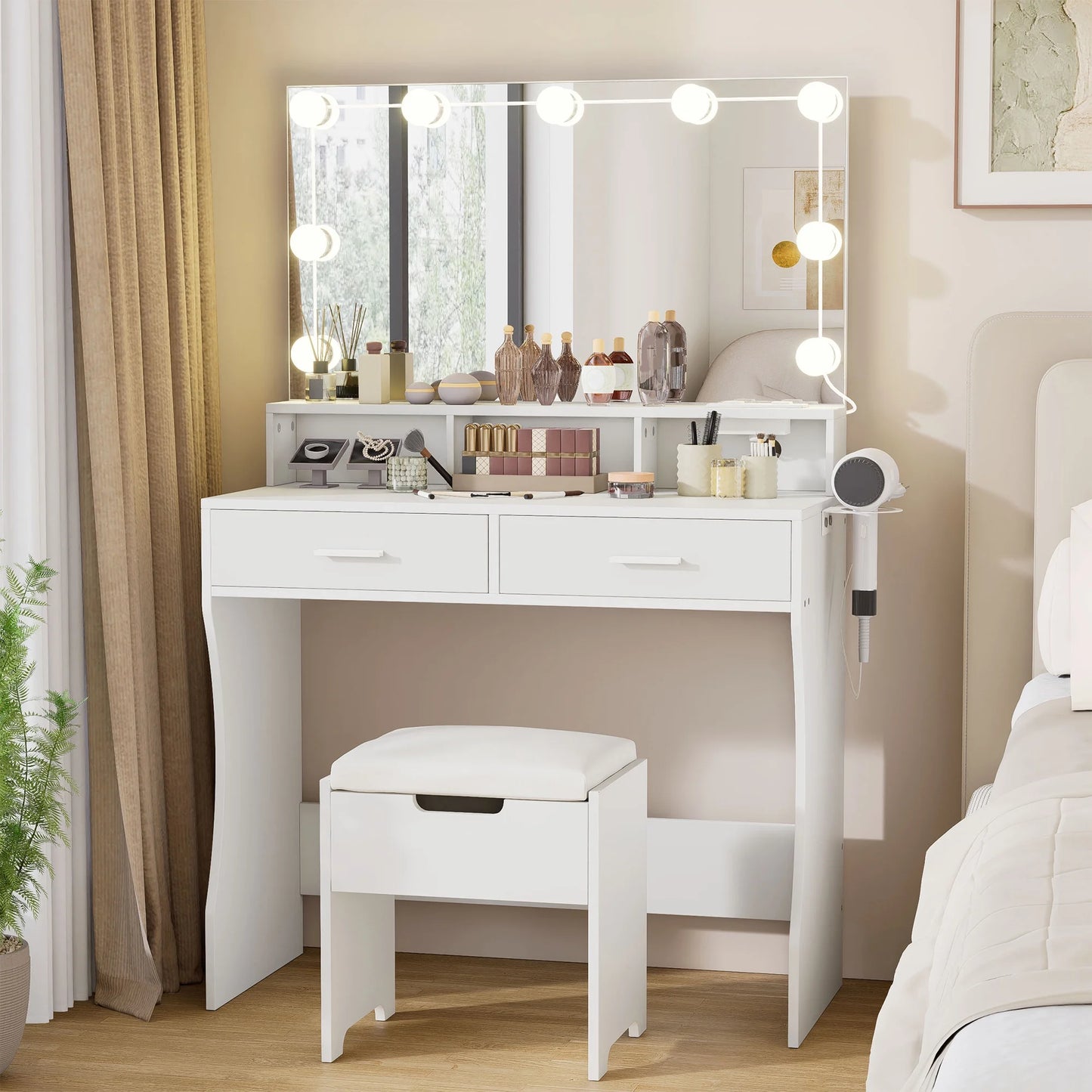 Modern Vanity Table Set with Lighted Mirror,Makeup Table with 2 Drawers & Power Strip,Dresser Desk for Girls, Women, White
