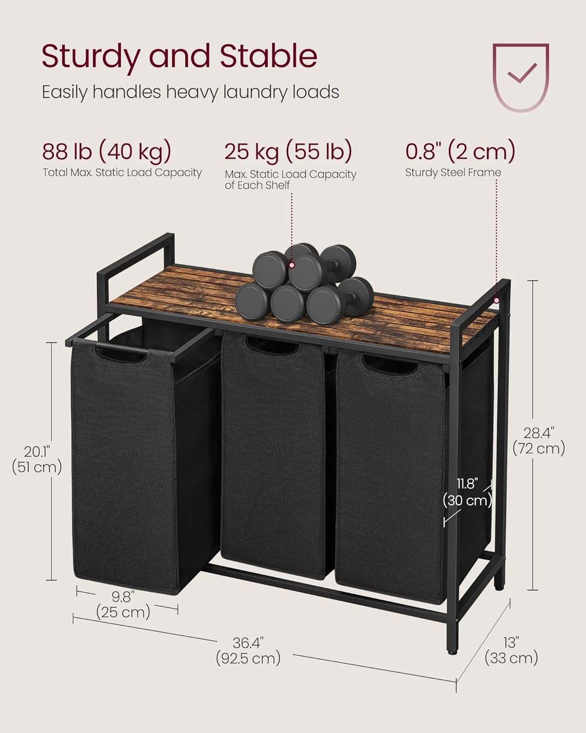 Laundry Hamper, Laundry Basket, Laundry Sorter with 3 Pull-Out and Removable Bags, Shelf, Metal Frame, 3 X 10.6 Gallons (40 L), 36.4 X 13 X 28.4 Inches, Ink Black and Rustic Brown UBLH301B01