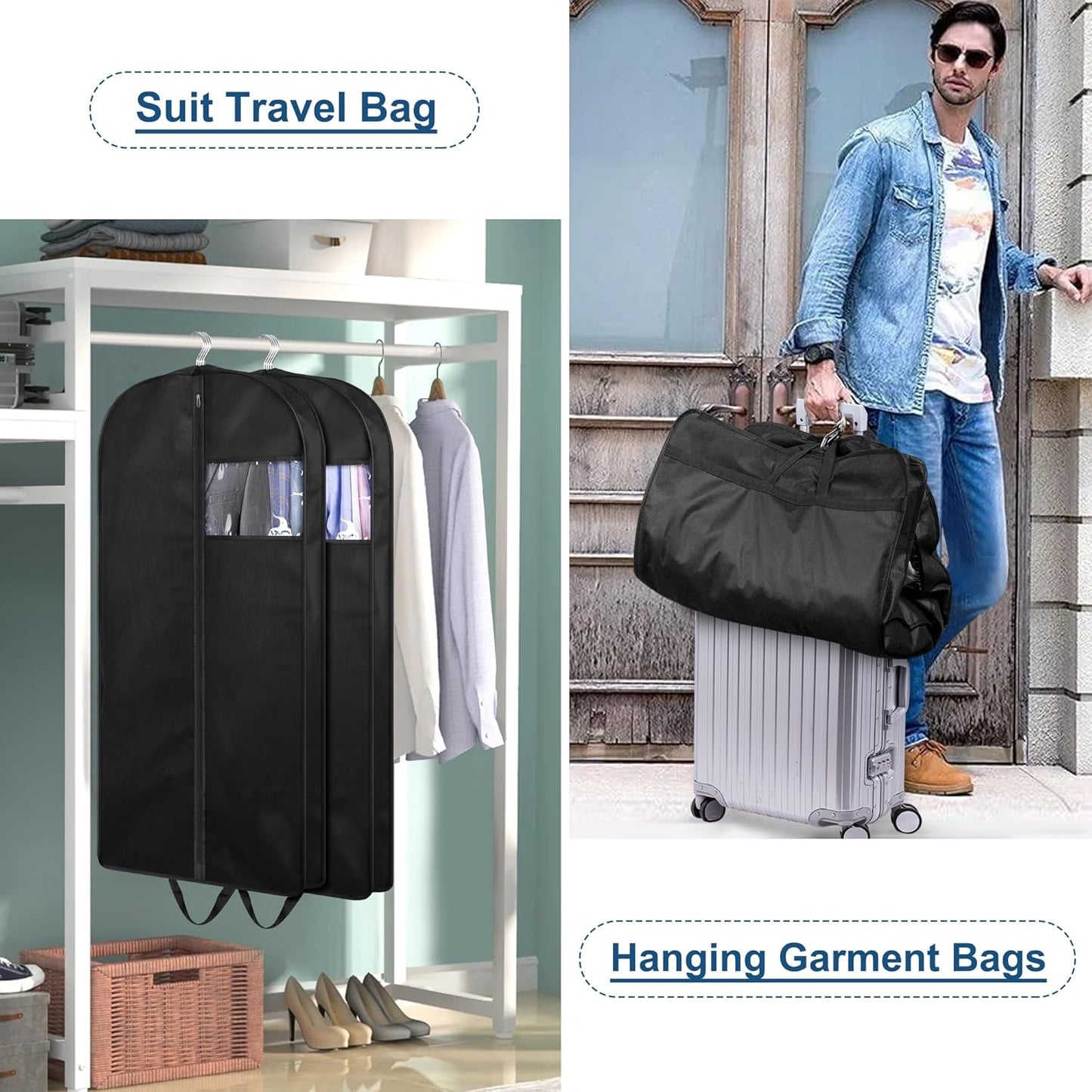 43" Suit Bags for Closet Storage and Travel, Gusseted Hanging Garment Bags for Men Suit Cover with Handles for Clothes, Coats, Jackets, Shirts（3 Packs）