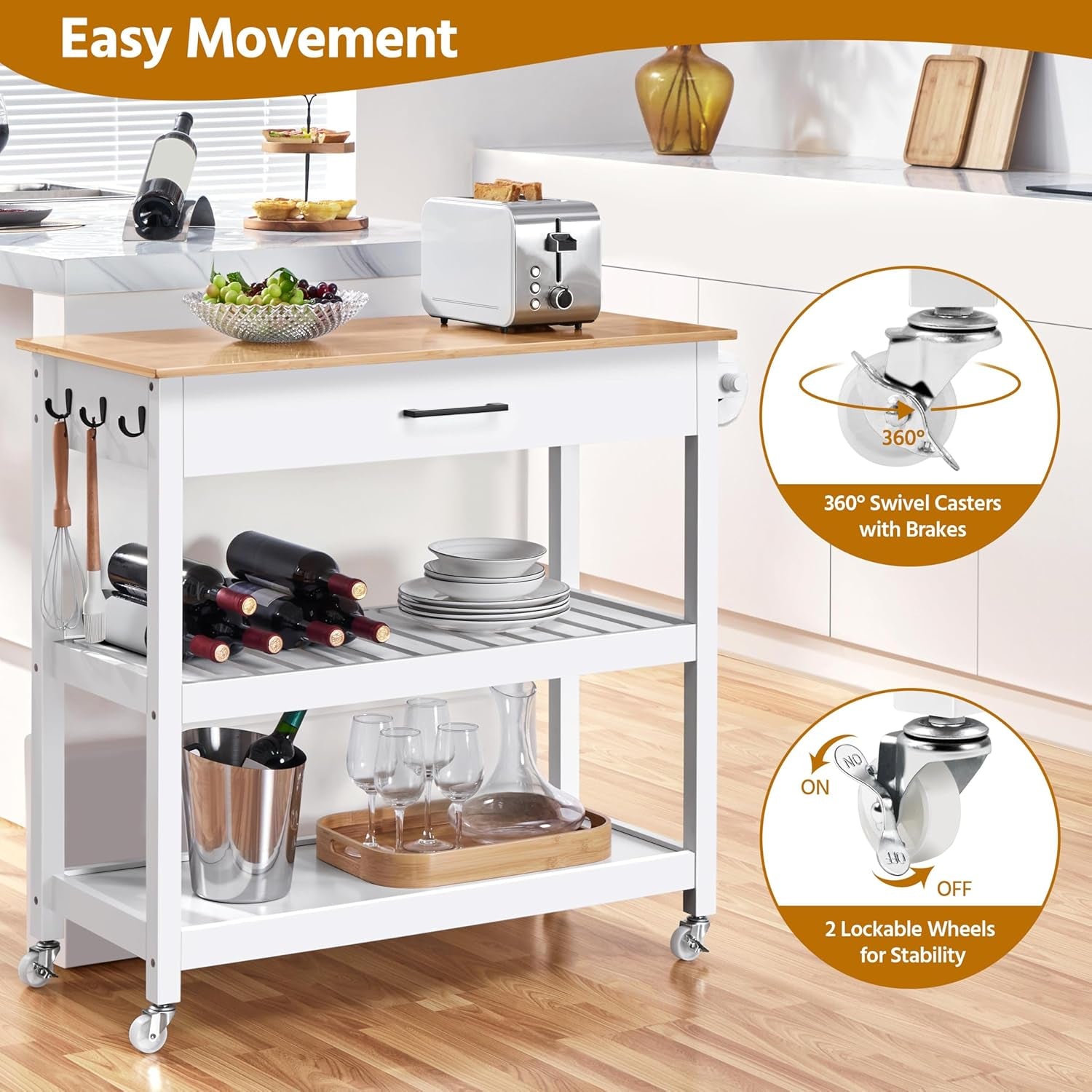 Kitchen Island Cart on Wheels with Bamboo Tabletop, 3-Tier Rolling Kitchen Island Microwave Cart with Drawer, Detachable Towel, 3 Hooks, 17" D X 37.5" W, White