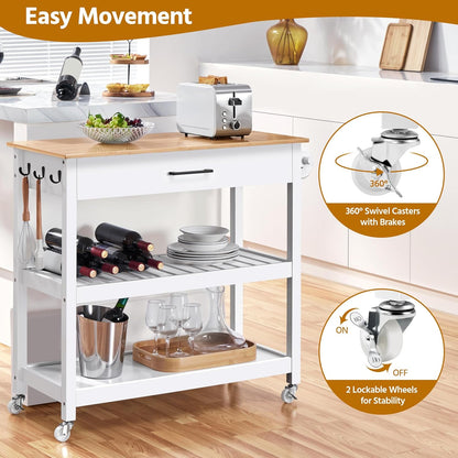 Kitchen Island Cart on Wheels with Bamboo Tabletop, 3-Tier Rolling Kitchen Island Microwave Cart with Drawer, Detachable Towel, 3 Hooks, 17" D X 37.5" W, White