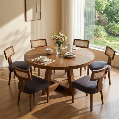 Modern Rattan Backrest Dining Chairs Set of 2, Mid-Century Farmhouse Linen Upholstered Kitchen Chairs Solid Wood Side Chairs for Kitchen Dining Room Living Room, Charcoal