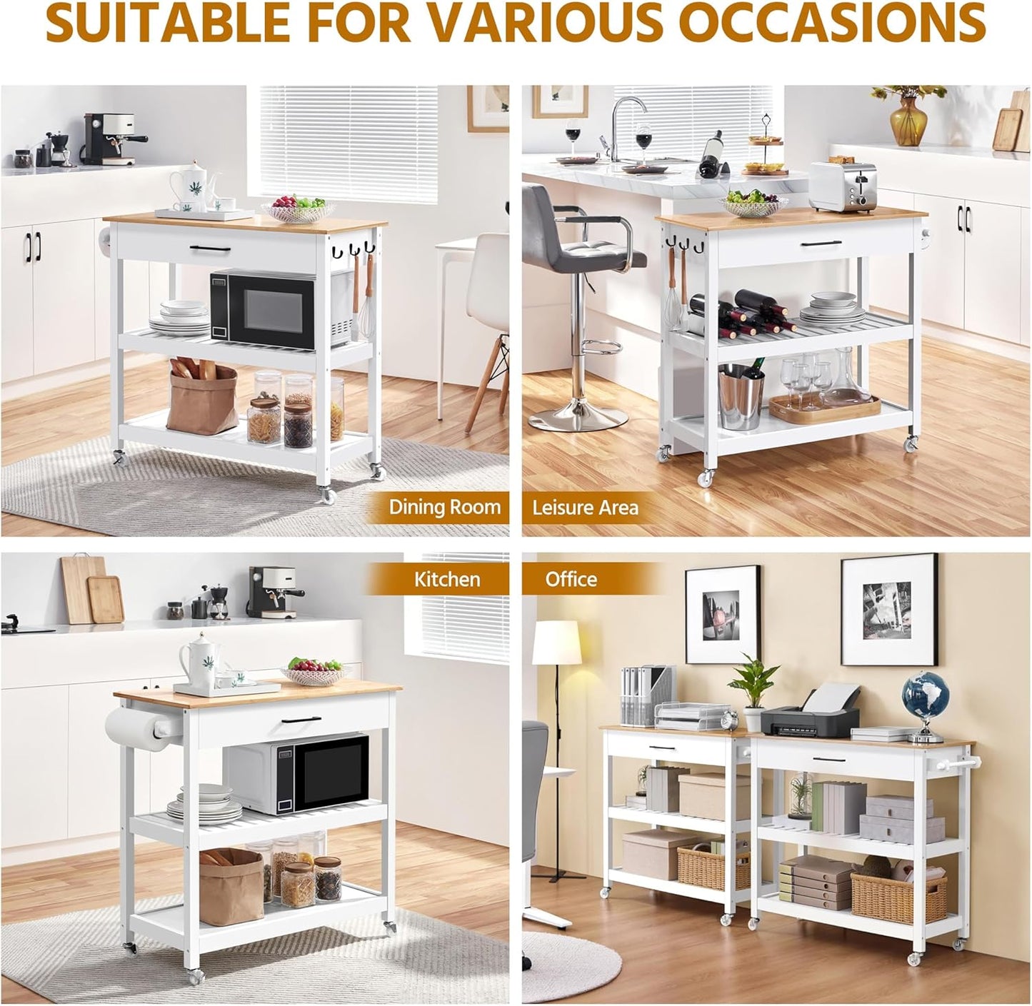 Kitchen Island Cart on Wheels with Bamboo Tabletop, 3-Tier Rolling Kitchen Island Microwave Cart with Drawer, Detachable Towel, 3 Hooks, 17" D X 37.5" W, White
