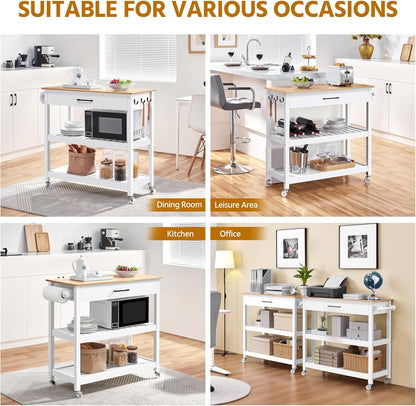 Kitchen Island Cart on Wheels with Bamboo Tabletop, 3-Tier Rolling Kitchen Island Microwave Cart with Drawer, Detachable Towel, 3 Hooks, 17" D X 37.5" W, White