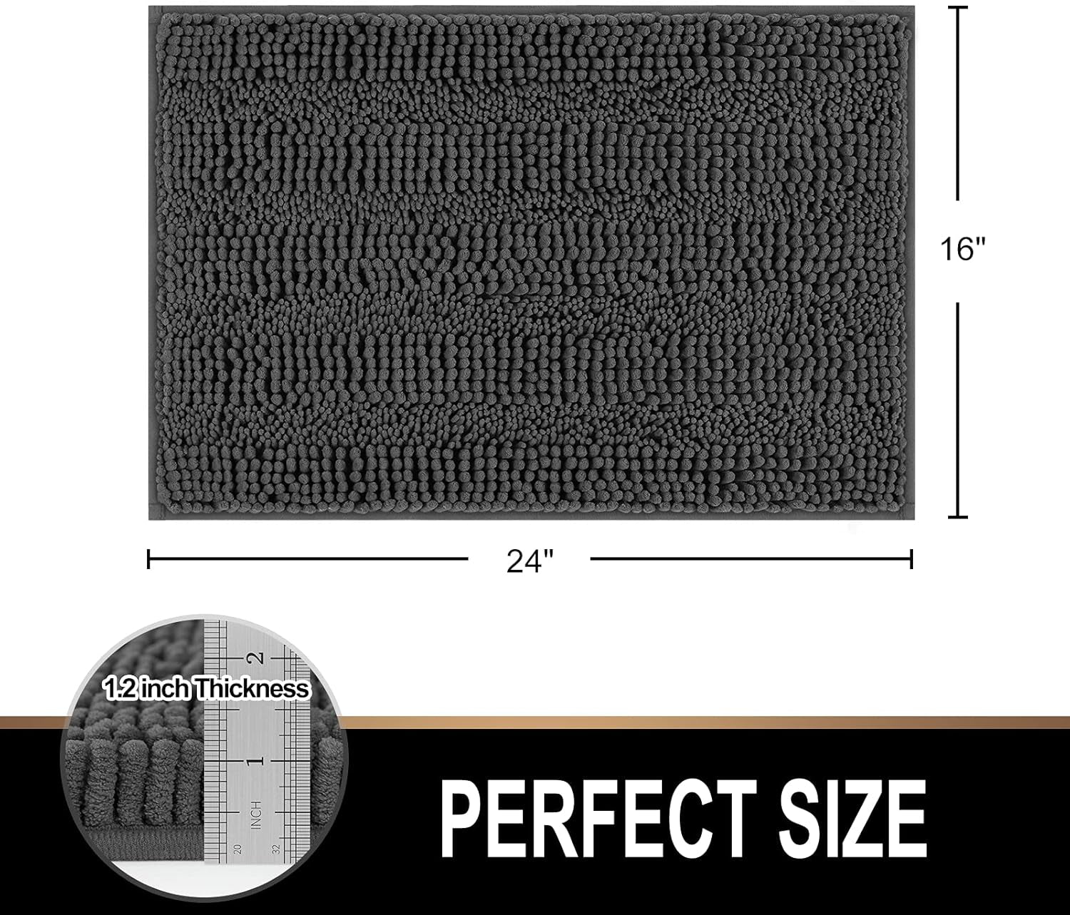 Plush Shaggy Chenille Bath Mat | Extra Soft, Super Absorbent, Non-Slip Bathroom Rug | Fluffy Microfiber, Area Rug Sets for Bathroom Floor, Kitchen, Living Room | 24"X16" | Charcoal Gray