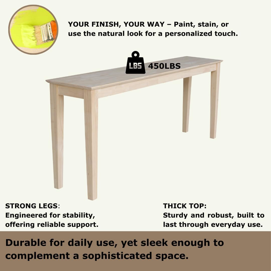 International Concepts Shaker Console Table, 72-Inch Long, Solid Parawood, Unfinished