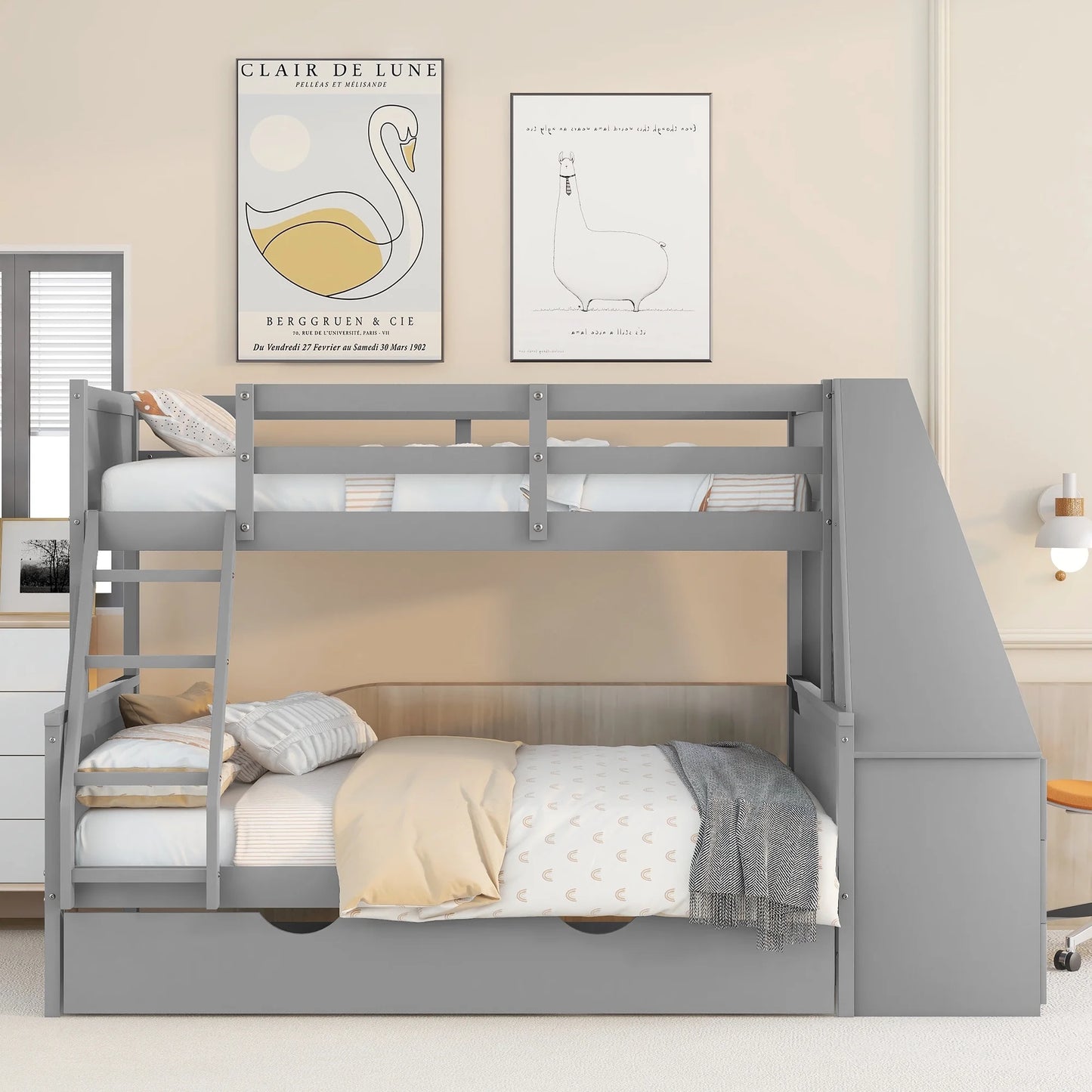 Wood Twin over Full Bunk Bed with Twin Trundle, Built-In Desk with Shelf and 3 Drawers for Kids Teens Adults, 3-In-1 Beds, Gray