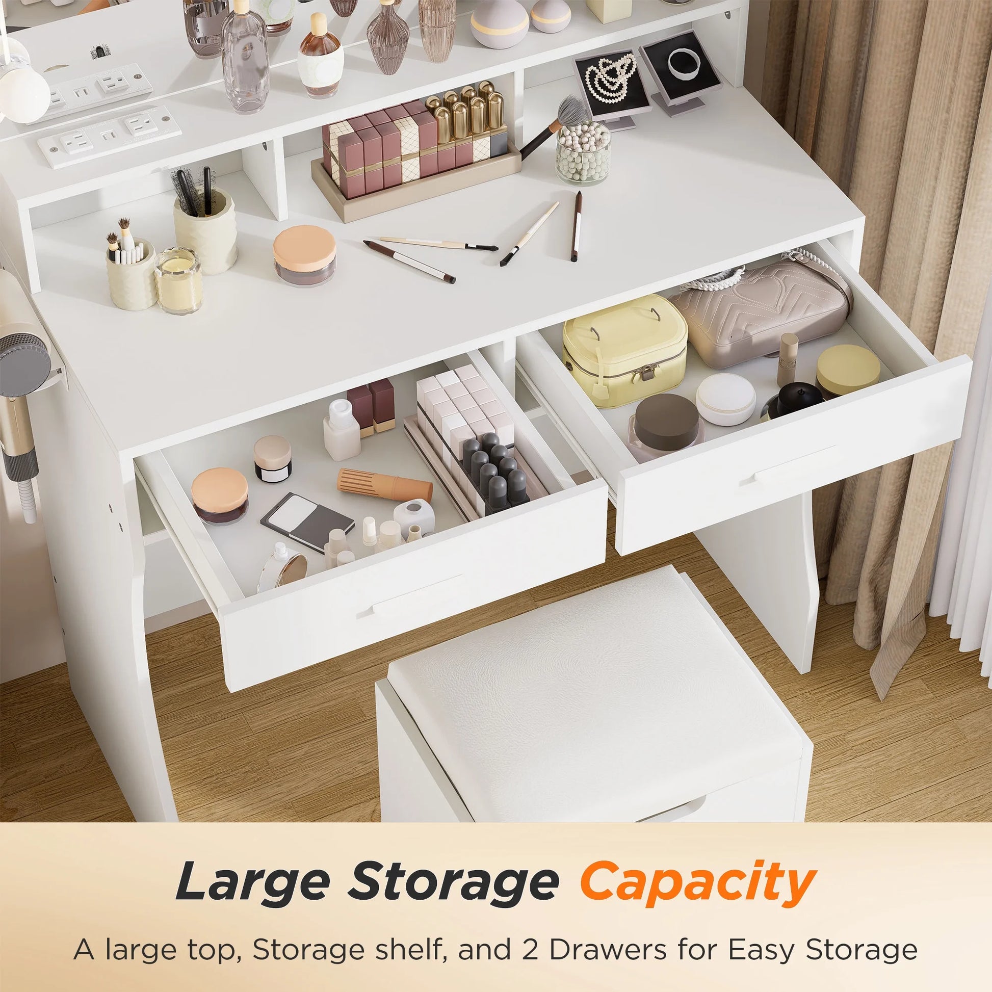 Modern Vanity Table Set with Lighted Mirror,Makeup Table with 2 Drawers & Power Strip,Dresser Desk for Girls, Women, White