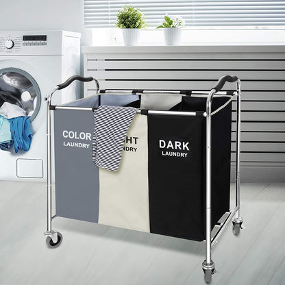 Laundry Basket with Wheels, 240L Laundry Hamper with 3 Section Laundry Bag for Dirty Clothes, Dorm Room Essentials, Towel Organization & Toys Storage Laundry Cart in Laundry Room Organization