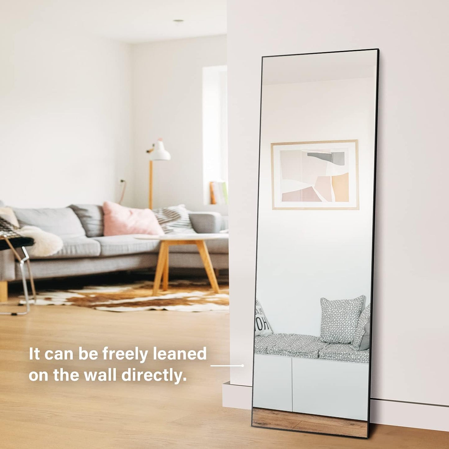 Full Length Mirror - Standing & Leaning, Large Bedroom Mirror with Black Aluminium Frame, 65"X22"