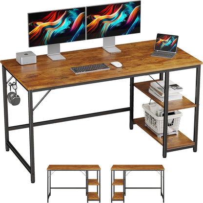 Home Office Computer Desk with Wooden Storage Shelf,Office Desk and Gaming Table with Splice Board,2-Tier Industrial Morden Laptop Study Writing Desk,55 X 24 Inches(Vintage Oak)