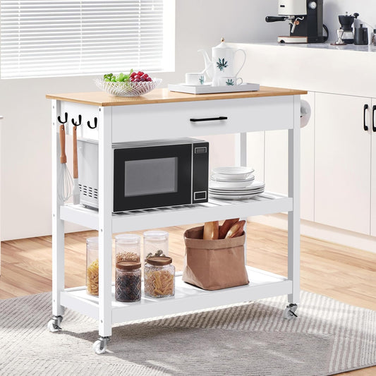 Kitchen Island Cart on Wheels with Bamboo Tabletop, 3-Tier Rolling Kitchen Island Microwave Cart with Drawer, Detachable Towel, 3 Hooks, 17" D X 37.5" W, White