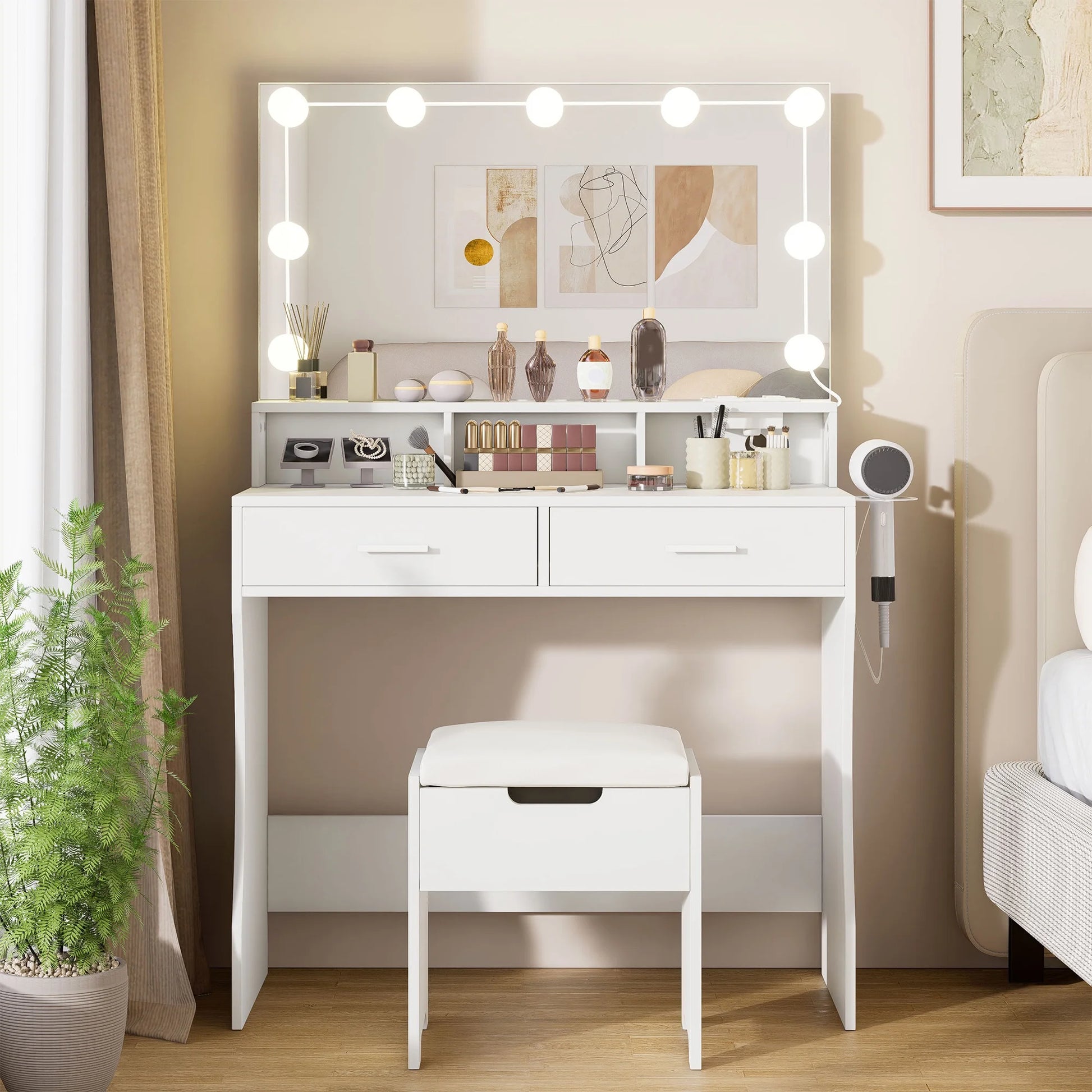 Modern Vanity Table Set with Lighted Mirror,Makeup Table with 2 Drawers & Power Strip,Dresser Desk for Girls, Women, White