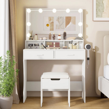 Modern Vanity Table Set with Lighted Mirror,Makeup Table with 2 Drawers & Power Strip,Dresser Desk for Girls, Women, White