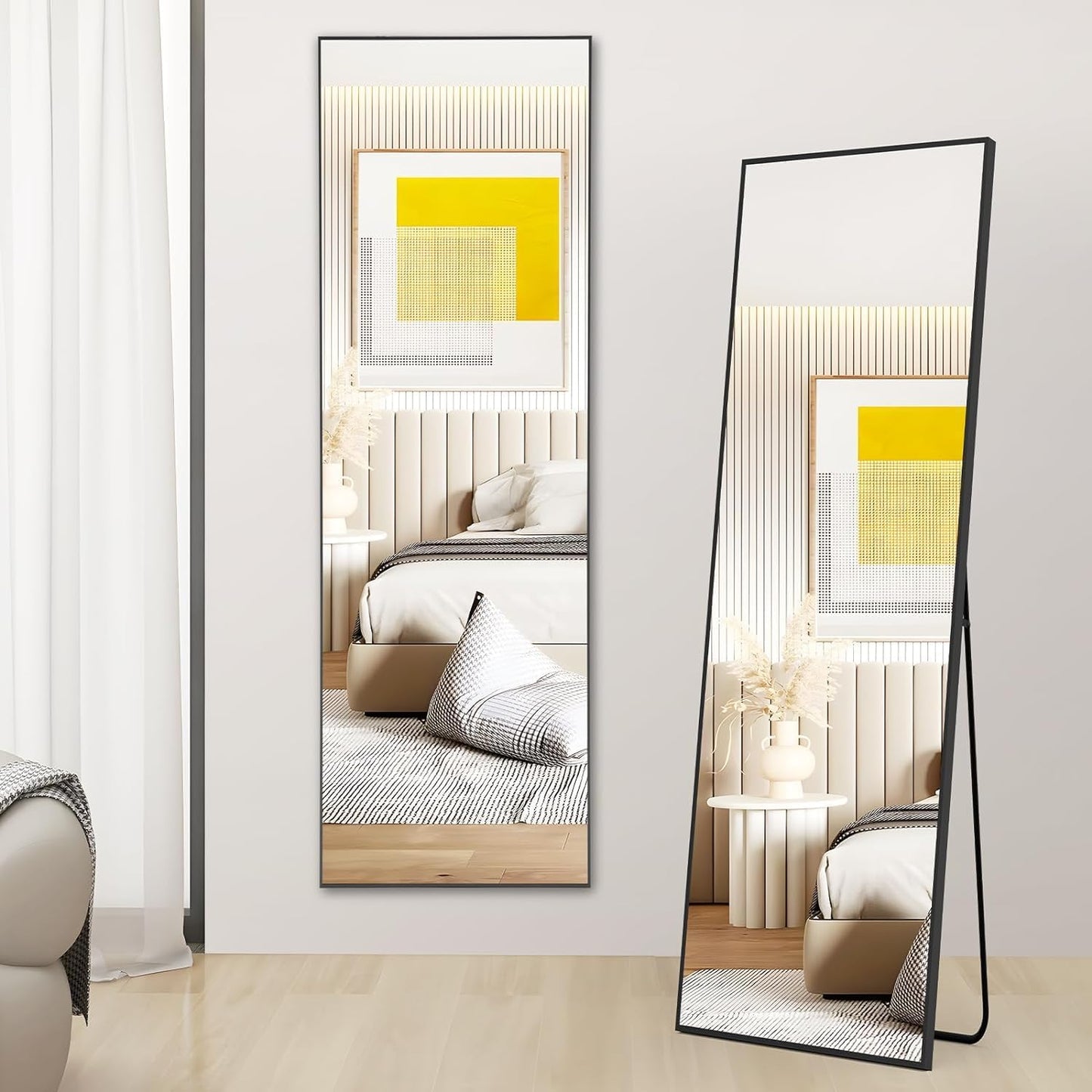 Full Length Mirror - Standing & Leaning, Large Bedroom Mirror with Black Aluminium Frame, 65"X22"