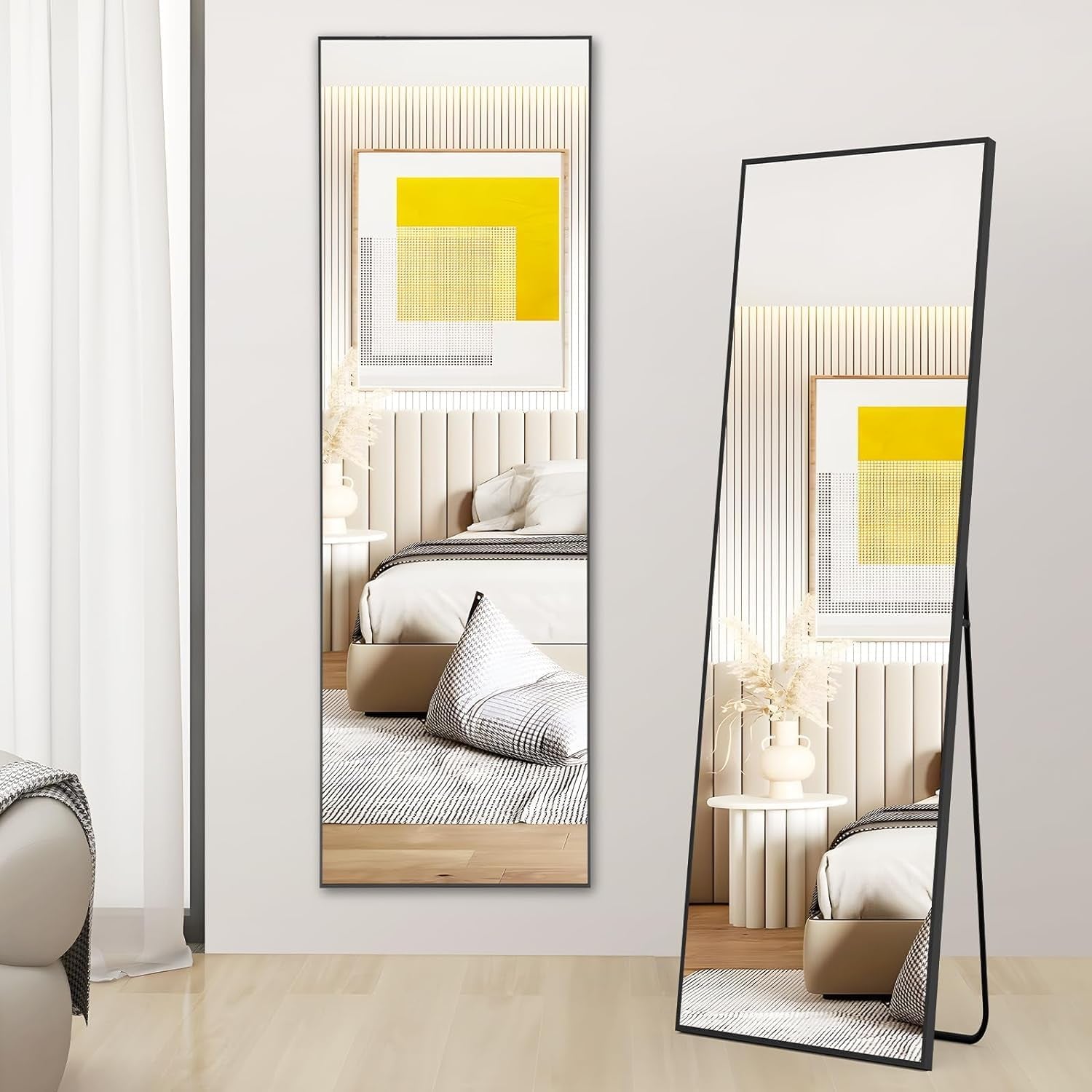 Full Length Mirror - Standing & Leaning, Large Bedroom Mirror with Black Aluminium Frame, 65"X22"