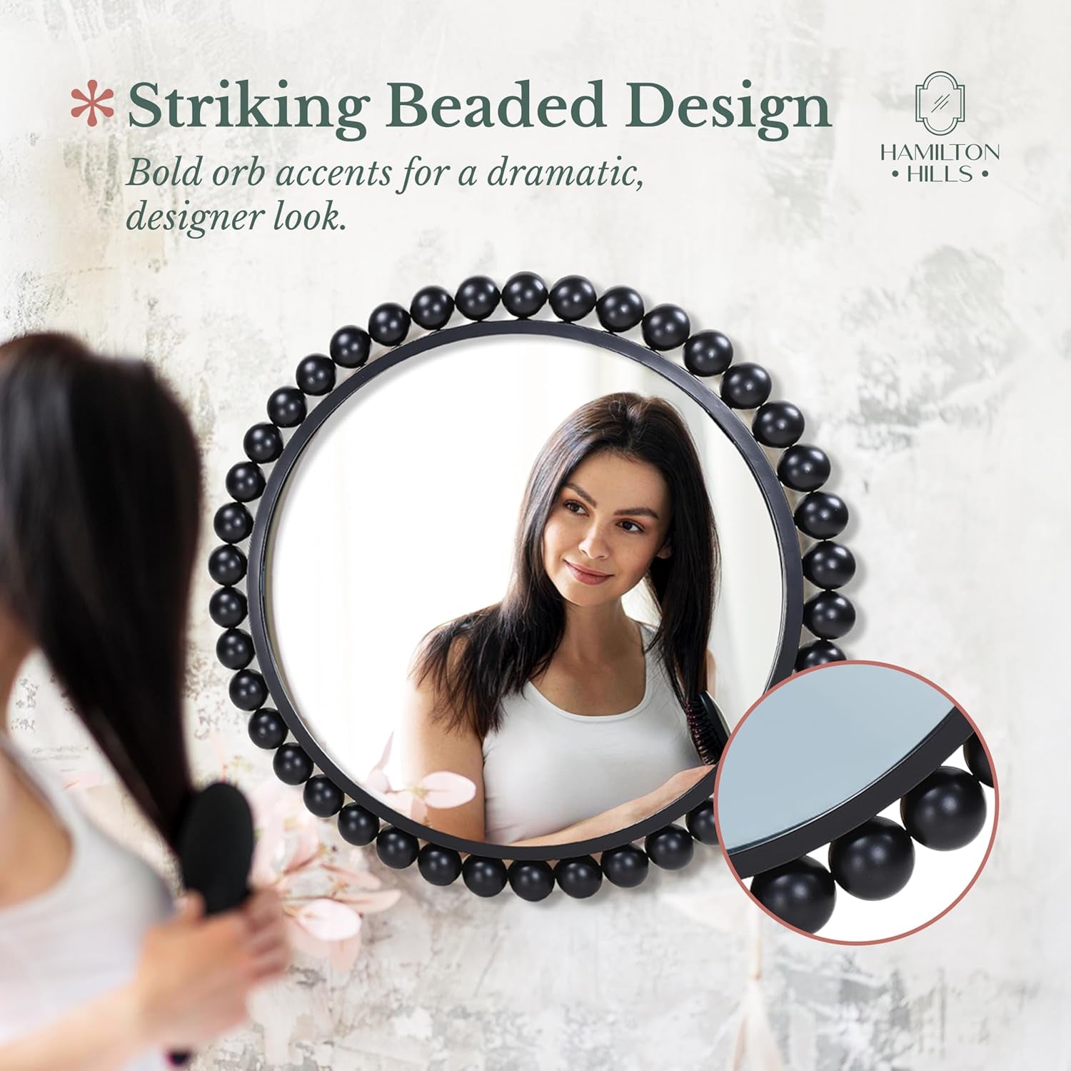 Black Circle Mirror - 33 X 33In - Chic round Mirror for Living Room, Bathroom, Entryway, Vanity Decor -Dimensional Crystal Clear Beads Reflect Light - Home Wall Decor