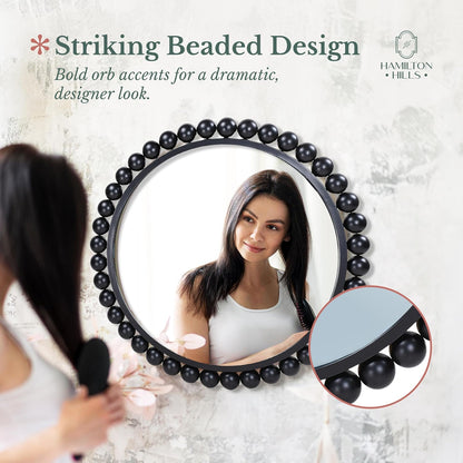 Black Circle Mirror - 33 X 33In - Chic round Mirror for Living Room, Bathroom, Entryway, Vanity Decor -Dimensional Crystal Clear Beads Reflect Light - Home Wall Decor
