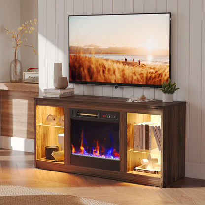 Modern Electric Fireplace TV Stand for Tvs up to 55", with LED and Glass Shelves, Walnut